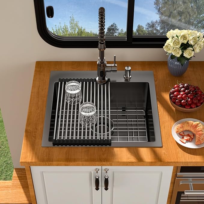 21 Inch Drop In RV Bar Sink - Beslend 21x20x9 Gunmetal Black Topmount Sink for RV Camper, Outdoor Kitchen Sink Black Stainless Steel Wet Bar with Roll-up Rack, Drain Assembly & Rinse Grid