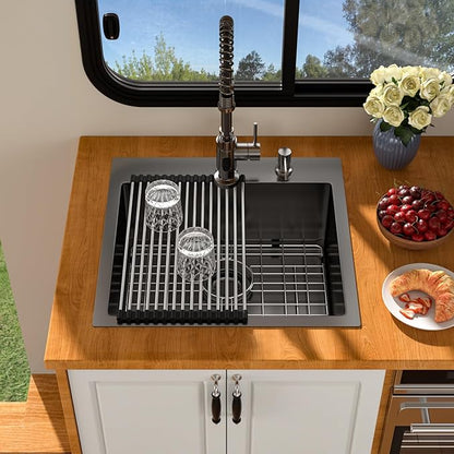 21 Inch Drop In RV Bar Sink - Beslend 21x20x9 Gunmetal Black Topmount Sink for RV Camper, Outdoor Kitchen Sink Black Stainless Steel Wet Bar with Roll-up Rack, Drain Assembly & Rinse Grid