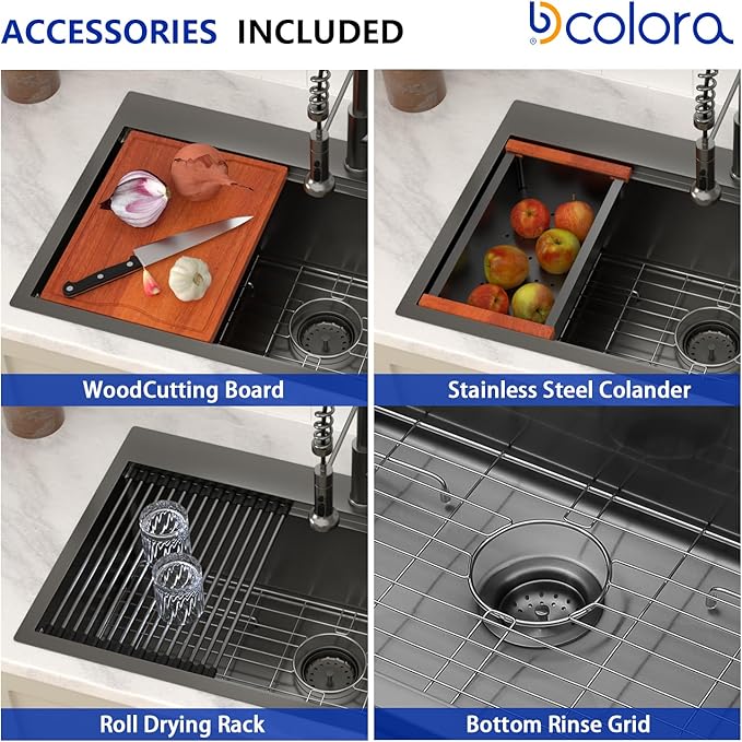 Dcolora 33x19 Black Kitchen Sink Drop In with Workstation Handed-Welding 16 Gauge 304 Stainless Steel Nano Coating Large Single Bowl Drop In Sink Top Mount 33”x19”x10” Matte Black,DC-TBW001