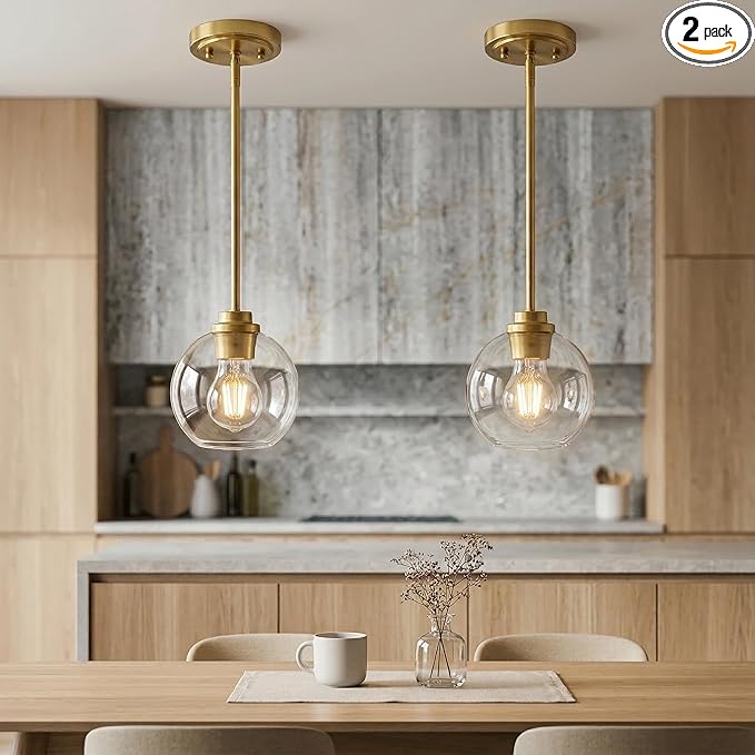 Gold Pendant Light, 7 Inch Clear Glass Farmhouse Hanging Fixture, Adjustable Height & Sloped Ceiling Compatible for Kitchen Island Dining Room Entryway Bedroom Hallway, 2 Pack