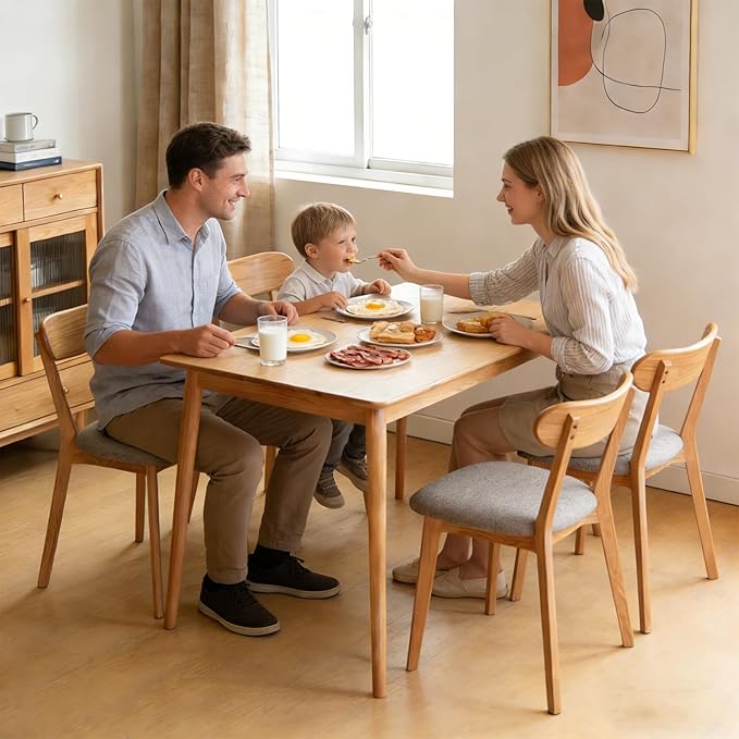 Solid Oak Side Chair Set of 4, Mid Century Modern Wood Curved Back with Padded Seat, 400 lbs Heavy Duty, Natural Wood Armless Dining Chairs for Breakfast Nook, Kitchen, or Apartment Use