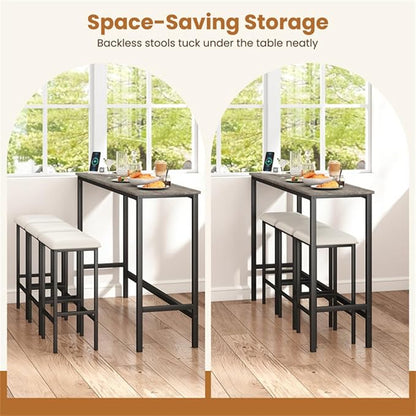 4 Piece Bar Table Set, Counter Height Pub Table with 3 Stools and USB Ports, Kitchen Dining Set for Apartment, Gray Pub Table with 3 Stools, Kitchen Island Tables, Pub Tables Counter Height Stool Set