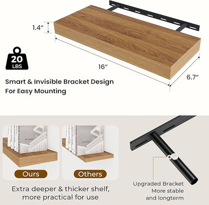 Dreamland 16 Inches Floating Shelves for Wall,6.7 Inch Deep Floating Shelves Set of 2, Large Display & Storage Shelf, Wall Shelf for Bathroom Bedroom Living Room Kitchen Office,Walnut