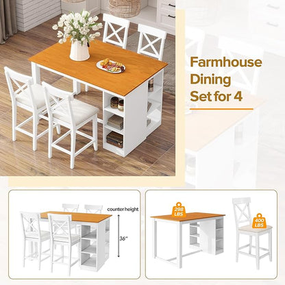 Industrial Farmhouse Dining Set 5 Piece, Counter Height Table with Storage Shelves, 60" Solid Wood Kitchen Island with 4 Comfortable Chairs, Space Saving Bar Height Dining Set for Apartment
