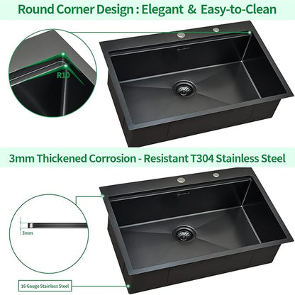 Kitchen Sink, 33 x 22 Drop in Kitchen Sink Gunmetal Black 16 Gauge Stainless Steel Kitchen Sinks Single Bowl Workstation Sink with Cutting Board
