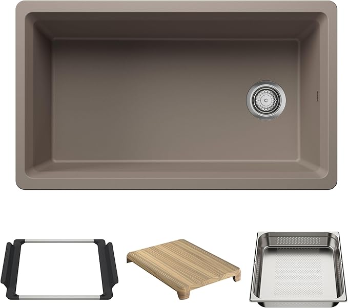 Inteos SILGRANIT 33" Single Bowl Reversible Undermount Workstation Kitchen Sink - Truffle