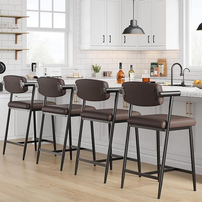GarveeHome Bar Stools Set of 8 with Arms, 26" Modern 8pcs Counter Height Metal Barstools Set with Back & Footrest, Upholstered Wider Seat, Sturdy Frame, for Counter Bar, Kitchen Island, Retro Brown
