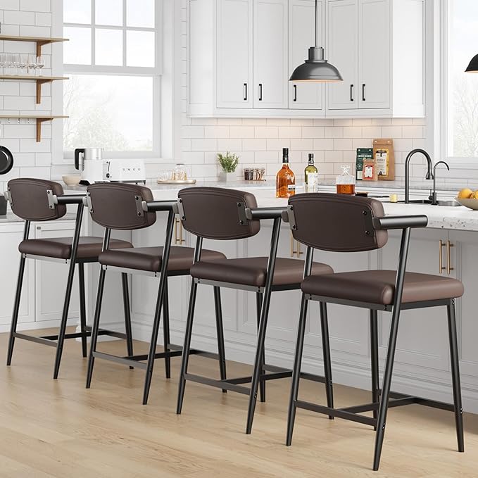 GarveeHome Bar Stools Set of 6 with Arms, 26" Modern 6-Piece Counter Height Metal Barstools Set with Back & Footrest, Upholstered Wider Seat, Sturdy Frame, for Counter Bar, Kitchen Island, Retro Brown