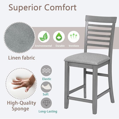 Set of 4 Dining Chairs, Wooden Kitchen Chairs with Padded Cushion, Upholstered Stools for Kitchen Island, Dining Room, Living Room, Easy Assembly (Gray - Ladder backrest)