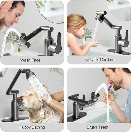 Bathroom Sink Faucet, FunnyAir Stainless Steel 1080° Rotatable Faucet for Sink 1 Hole or 3 Holes, Modern Style Single Handle Bathroom Faucets with Hot and Cold Hoses, Grey