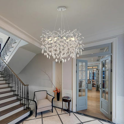Tree Branches Chandeliers Luxury Round Crystal Pendant Light 8 Light Ceiling Hanging Light for Dining Room Bedroom Living Room Entryway 23.7" Silver