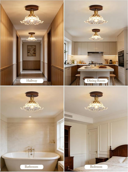 Semi Flush Mount Ceiling Light, Flower Ceiling Light Fixture, Wood Kitchen Ceiling Lights with Glass Shade, Vintage Lighting for Bedroom Bathroom Entryway Hallway, Included Bulb
