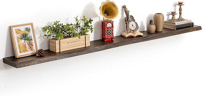 72 Inch Live Edge Floating Shelves, 8 Inch Deep Solid Elm Wood Wall Shelf, Heavy-Duty Wall Mounted Shelf with Invisible Brackets for Living Room, Bathroom, Kitchen, Set of 1, Walnut Color