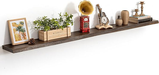 72 Inch Live Edge Floating Shelves, 8 Inch Deep Solid Elm Wood Wall Shelf, Heavy-Duty Wall Mounted Shelf with Invisible Brackets for Living Room, Bathroom, Kitchen, Set of 1, Walnut Color