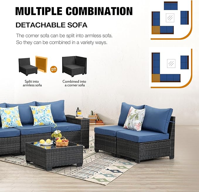JOYURE 10 Pieces Patio Furniture Set All-Weather Outdoor Wicker Sectional Conversation Sofa Rattan Patio Seating Sofa with Cushion and Glass Table for Porch Poolside,Navy