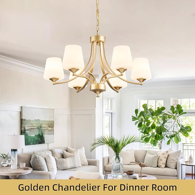 6-Light Modern Gold Chandeliers for Dining Room 47.2'' Adjustable Height Farmhouse Pendant Light with Frosted Glass Shades,Gold Round Chandeliers Hanging Lamp for Kitchen Island Dining Table Entryway
