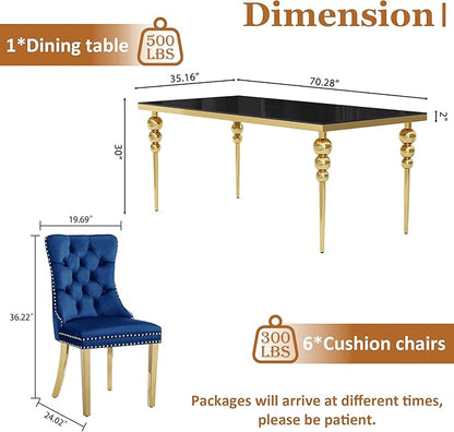 7 Piece Glass Dining Table Set, Modern 70 Inch Gold Rectangular Glass Kitchen Table, 6 Blue Exquisite Velvet Cushion Chairs for Living Room, Restaurant (Black-Top)