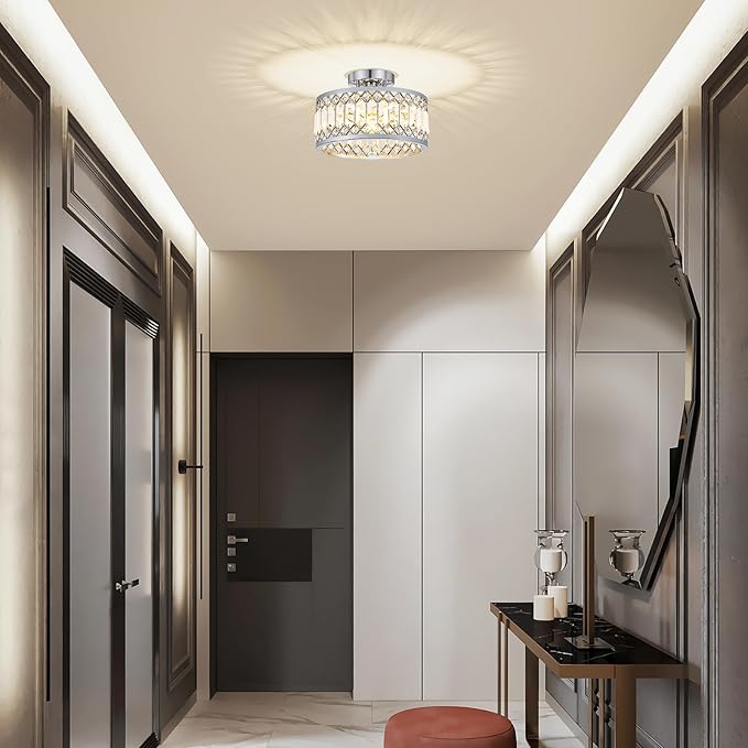 Pevfah Crystal Chrome Ceiling Light, Modern Semi Flush Mount Ceiling Lighting Fixture, Round Hallway Lighting Fixtures for Entryway Kitchen Bedroom Laundry Room, 1-Light, 11.4 Inch