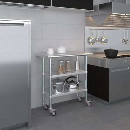 Stainless Steel Work Table with 2 Shelves and Casters | Kitchen Island Food Prep | Laundry Garage Utility Bench | NSF Certified (36" Long x 18" Deep)