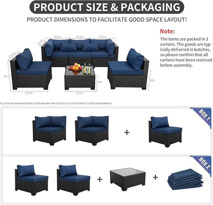 Rattaner Patio Sectional 6 Pieces All-Weather Wicker Patio Furniture Set Outdoor Sectional with Glass Table Non-Slip Cushions and Waterproof Cover, Navy Blue
