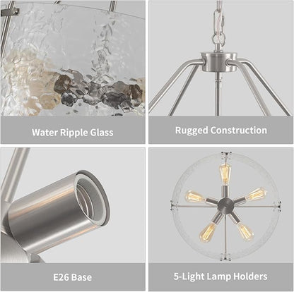 Glass Drum Chandelier for Dining Room 20'' Brushed Nickel Living Room Light Fixture 5-Light Kitchen Chandeliers Over Table Bedroom Light Fixture for Dining Room Hallway Foyer Kitchen