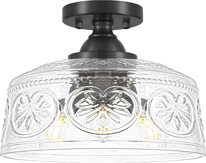 11.4In Vintage Black Semi Flush Mount Ceiling Light Fixture, 3-Light Hallway Light Fixture with Thickened Glass, Close to Ceiling Light for Kitchen, Entryway, Foyer, E12