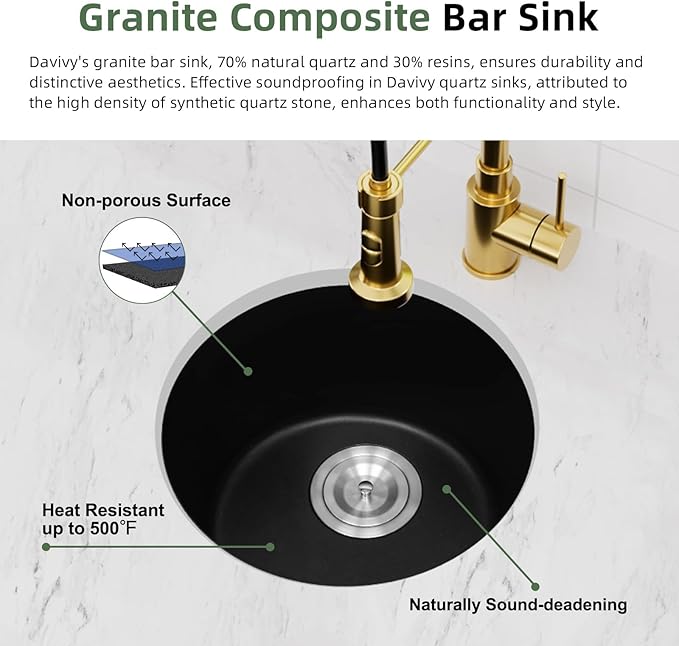 Davivy 15 Inch Black Round Bar Sink,15x15 Dual-Mount Small Granite Bar Prep Sink, Quartz Composite Single Bowl Design with with Bottom Grid & Strainer