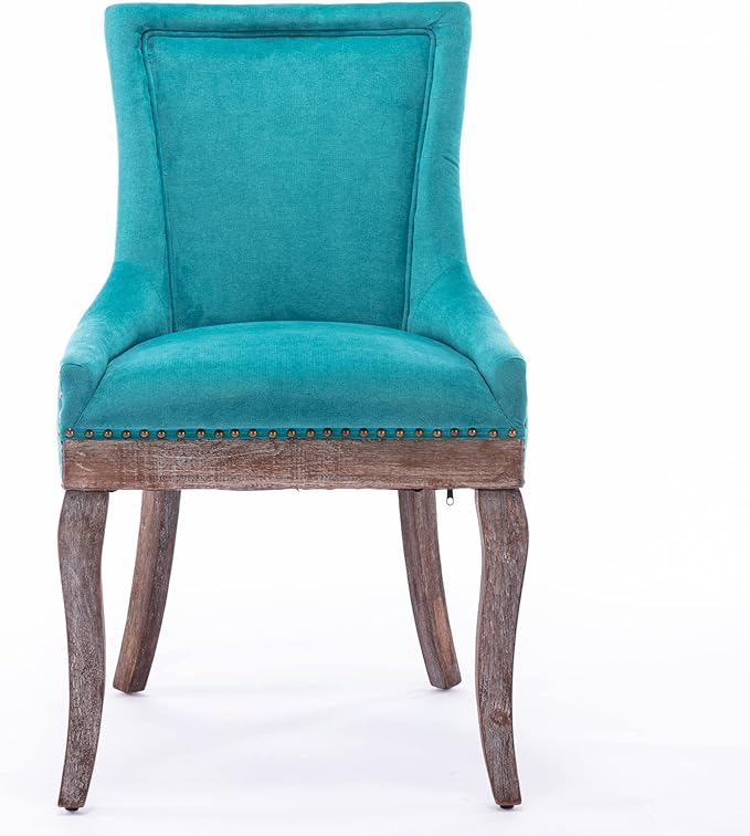 2 Pieces Dining Chair, Ergonomic Bar Chairs, Thickened Fabric Chairs with Neutral Toned Solid Wood Legs, Bronze Nail Head Accent, Sturdy Structure, Soft Comfort, for Living Room Dining Room, Blue