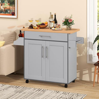 Giantex Kitchen Island, Rolling Kitchen Cart with Spice and Towel Rack, Large Drawer & 2-Door Storage Cabinet, Home Service Cart on Lockable Wheels, Wood Kitchen Trolley, Spacious Tabletop (Gray)