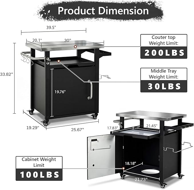 39.5" Outdoor Kitchen Island with Stainless Steel Top and Storage Cabinet, Metal Kitchen Island with Hooks and Spice Rack, Rolling Grill Cart with Wheels for BBQ Waterproof Cover Included Black