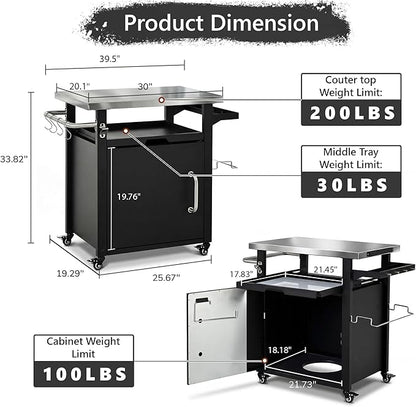 39.5" Outdoor Kitchen Island with Stainless Steel Top and Storage Cabinet, Metal Kitchen Island with Hooks and Spice Rack, Rolling Grill Cart with Wheels for BBQ Waterproof Cover Included Black