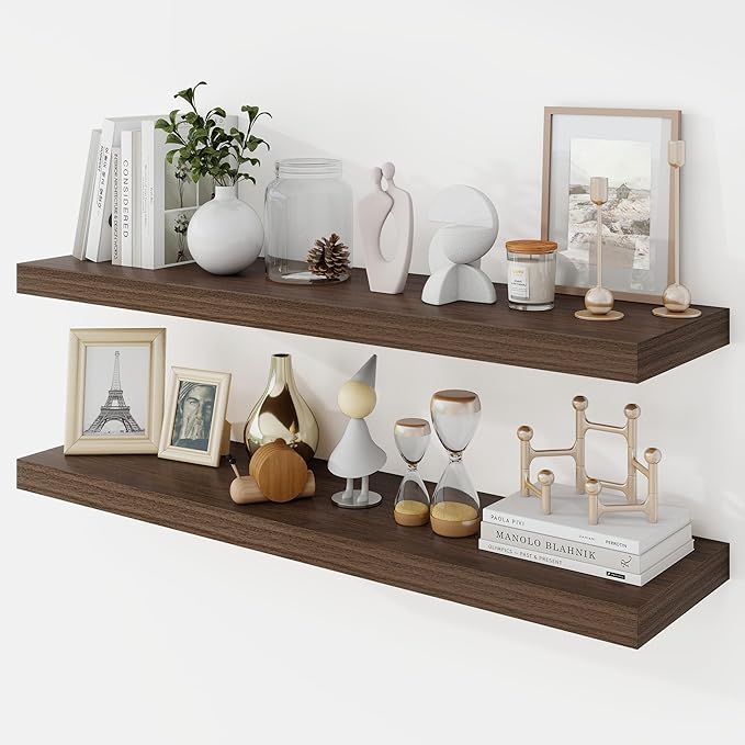 Acovy 36 Inch Floating Shelves, 9.3" Deep Floating Shelf Wall Mounted, 36" Wall Shelves, Rustic Deep Bookshelf, Large Display Shelves & Storage Shelves for Bedroom, Living Room, Walnut, Set of 2