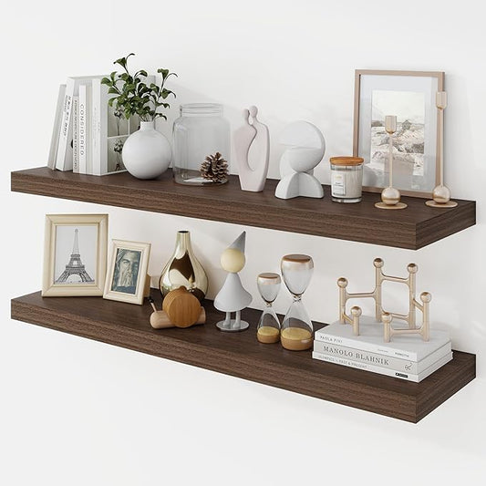 Acovy 36 Inch Floating Shelves, 9.3" Deep Floating Shelf Wall Mounted, 36" Wall Shelves, Rustic Deep Bookshelf, Large Display Shelves & Storage Shelves for Bedroom, Living Room, Walnut, Set of 2