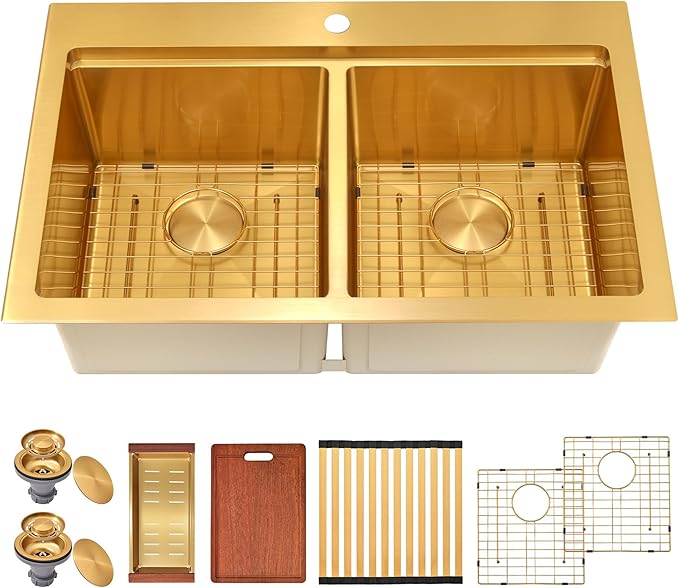 33 Inch Gold Sink Drop-In Topmount Double Bowl, 16 Gauge 50/50 Double Bowl Stainless Steel Workstation Sink, 33" x 22" x 10" Large and Deep Kitchen Sink With Accessories