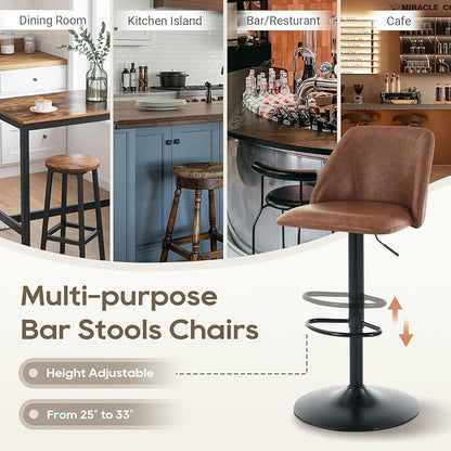 COLAMY Bar Stools Set of 4, Modern Swivel Bar Chairs, Adjustable PU Leather Upholstered Barstools Counter Height with Full Backrest for Bar, Dining Room, Kitchen Island, Brown