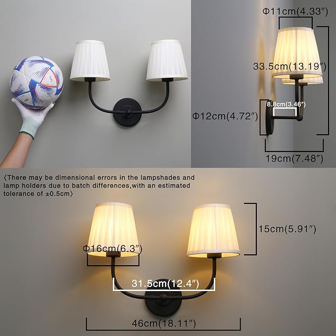 PERMO Vintage Double Sconce Black 2 Light Sconces with Pleated Beige Stripe Fabric Shades Wall Sconces Hardwired Light for Bathroom Bedroom Hallway