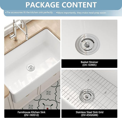 DeerValley Farmhouse Kitchen Sink 33 Inch, Fireclay White Undermount Kitchen Sink, Apron-Front, Large Deep Single Bowl with Bottom Grid & Strainer
