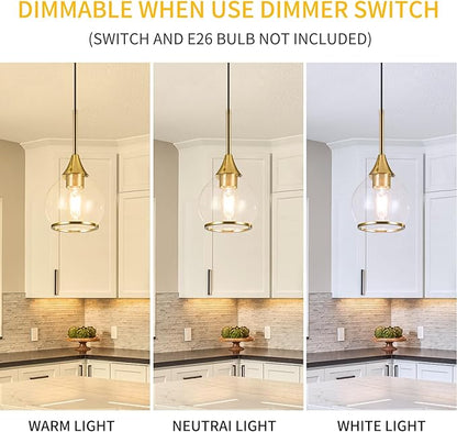 3 Pack Island Light for Kitchen, 1-Light Gold Kitchen Island Hanging Pendant Light, Brushed Gold Dining Room Light Fixture Over Table with Clear Round Glass Shades