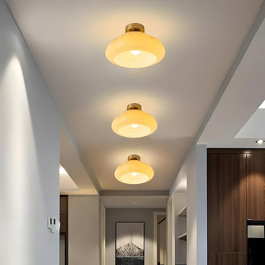 Bofea-Modern Gold Semi Flush Mount Ceiling Light Schoolhouse Ceiling Light Fixture Gold Overhead Lights Fixture with Cream Glass Shade Brass Semi Flush Lamp for Bedroom Hallway Kitchen