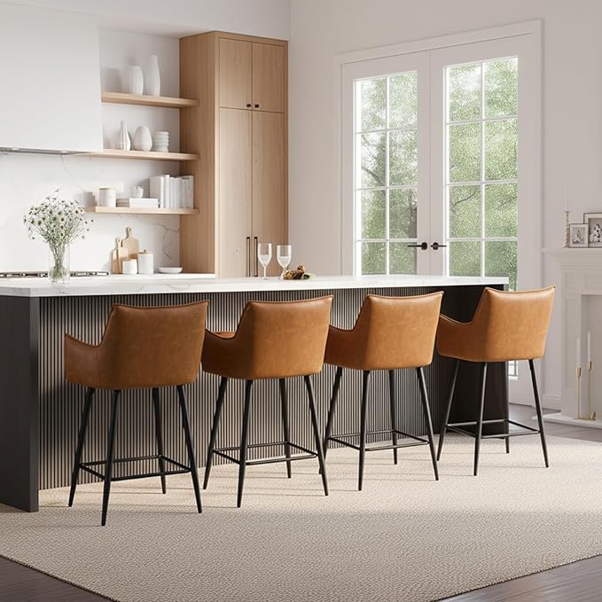 Brown Leather Bar Stools Set of 2, Mid Century Modern Upholstered Kitchen Chairs with Arms and Black Metal Legs 30” Height Stools with Back for Dining Room Home Pub Faux Leather in Brown