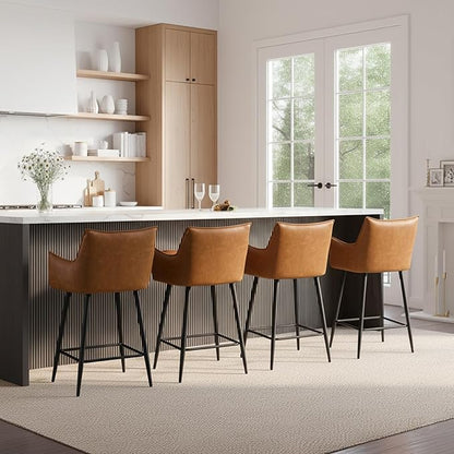 Brown Leather Bar Stools Set of 2, Mid Century Modern Upholstered Kitchen Chairs with Arms and Black Metal Legs 30” Height Stools with Back for Dining Room Home Pub Faux Leather in Brown