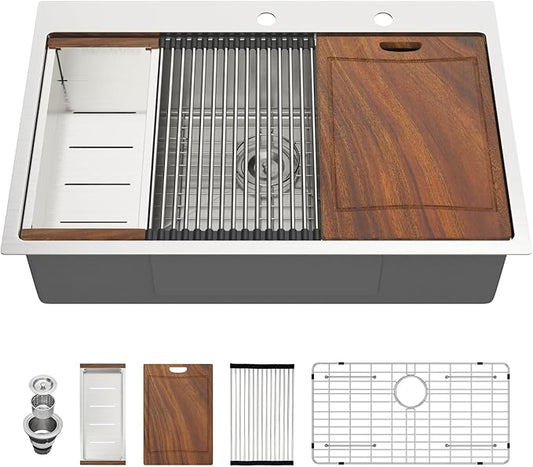 33 Inch Drop In Kitchen Sink 33x22 Drop In Stainless Steel Sink Workstation 16 Gauge Single Bowl Topmount Sinks Large Deep Basin