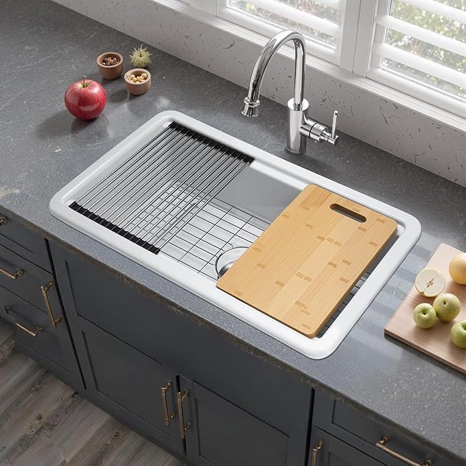 VEVOR 33x19 inch Farmhouse Sink, White Sink Workstation, Fireclay Topmount Undermount Basin, Drop-In Single Bowl Basin with Multiple Accessories, Large Capacity Household Dishwasher Sinks for Kitchen
