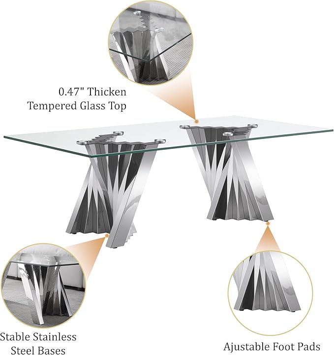 Glass Coffee Table, 51 Inch Rectangular Tempered Glass Living Room Table with Stainless Steel Legs, Mid Century Modern Coffee Table for Office, Silver