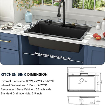 Lordear Granite Composite Kitchen Sink With Waterfall Faucet 33x22 Inch Drop In Kitchen Sinks Black Quartz Single Bowl Multifunctional Workstation Topmount Sink