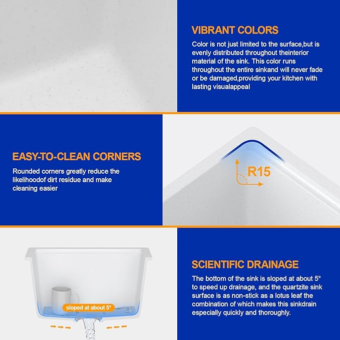 Dcolora 18 In. Undermount Granite Composite Bar Sink Single Bowl Workstation, White Quartz Kitchen Sink, 18" x 18" x 10" #DC-GU0001WS