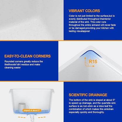 Dcolora 18 In. Undermount Granite Composite Bar Sink Single Bowl Workstation, White Quartz Kitchen Sink, 18" x 18" x 10" #DC-GU0001WS
