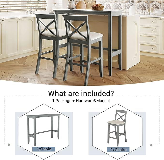 Farmhouse Rustic 3-Piece Counter Height Wood Kitchen Dining Sets, Home Bar Pub Kitchen Set, 48'' Long Bar Table with 2 Upholstery Chairs for Small Places