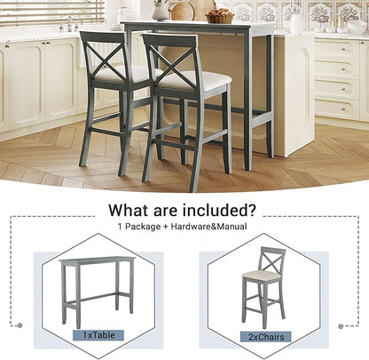 Farmhouse Rustic 3-Piece Counter Height Wood Kitchen Dining Sets, Home Bar Pub Kitchen Set, 48'' Long Bar Table with 2 Upholstery Chairs for Small Places
