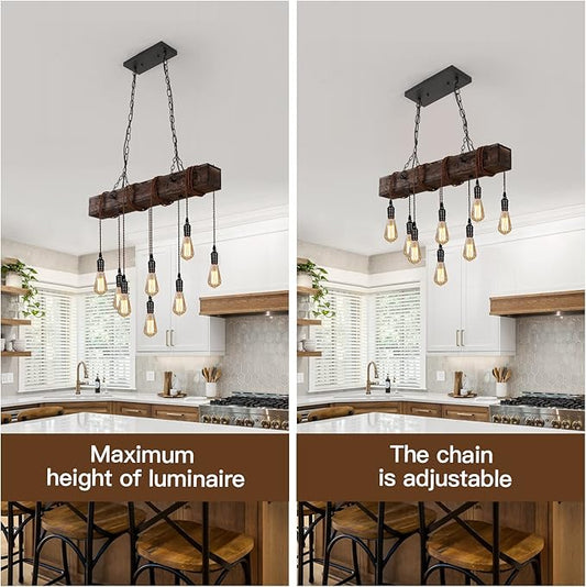 KEESFU 8-Lights Rustic Chandeliers for Dining Room, Farmhouse Wooden Ceiling Pendant Light, Height Adjustable, Rectangle Chandelier for Kitchen Island Dining Room Bar Pool Table Cabin.